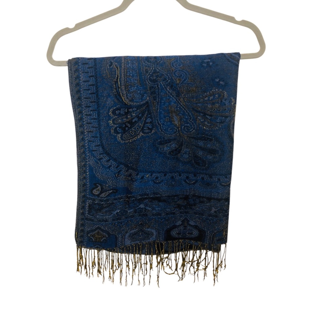 Chic Blue Paisley Shawl / Scarf with Fringe (M-L)